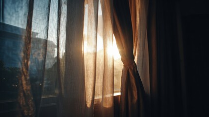 Sunlight Filters Through Hotel Room Curtains in the Morning, Creating a Warm Atmosphere for Travelers Enjoying Slow Mornings