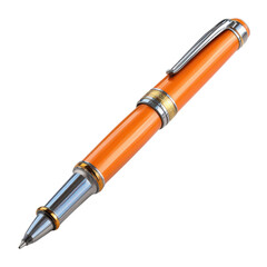 Naklejka premium A luxurious orange pen with silver and gold accents on a black background