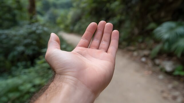 Human hand extended palm up on a blurred hiking trail in a lush forest setting