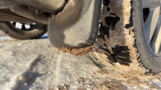 Frozen Mudflap with Ice Accumulation. Close-up of car mudguard covered in thick frozen brown slush and ice. Detail shot emphasizes harsh conditions of winter driving and road salt buildup.