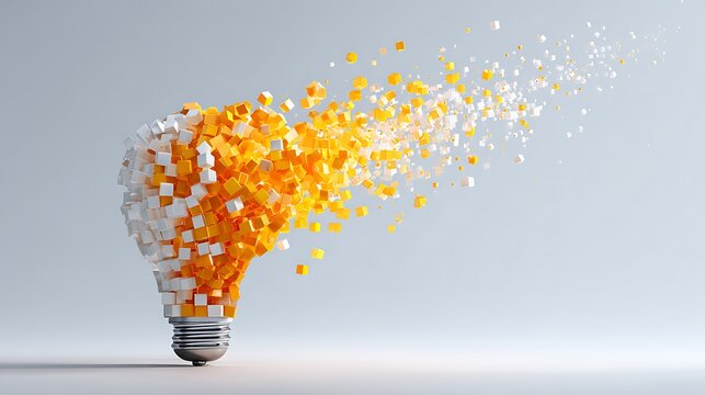 Pixelated Light Bulb Exploding Into Cubes Concept
