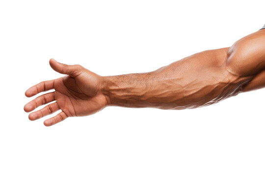 Close-up of a muscular arm and hand outstretched, ready to shake