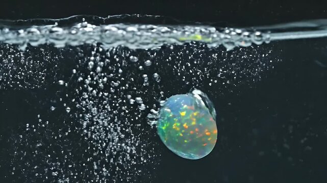 Opal Gemstone in Water - A single opal gemstone, featuring a rainbow of colors, is submerged in water, with numerous bubbles rising around it. The background is a dark, indistinct color.