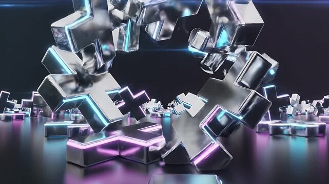 Abstract Metallic Plus Symbols with Neon Edges - The video shows a collection of metallic, plus-shaped objects scattered across a reflective black surface.