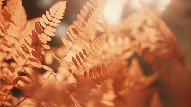 Warm sunlight illuminates delicate golden fern leaves, creating a dreamy atmospheric scene that evokes the peaceful beauty and calm serenity of a tranquil autumn forest moment