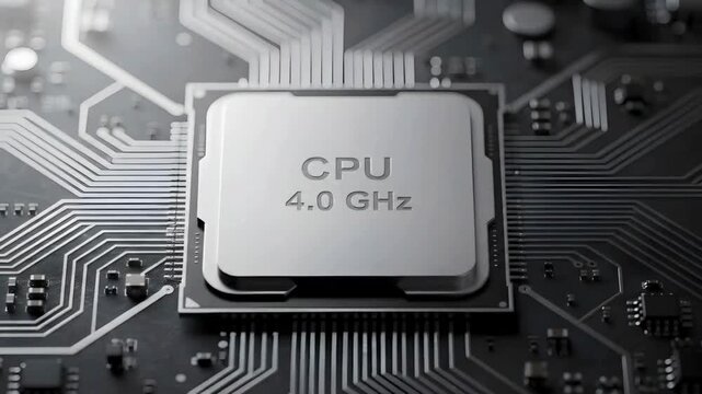 High performance CPU processor animation on motherboard showing 4.0 GHz computing power, computer hardware technology, central processing unit performance, futuristic electronics background video
