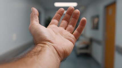 Obraz premium A hand reaches out in a modern hospital corridor offering a gesture of help connection or hope