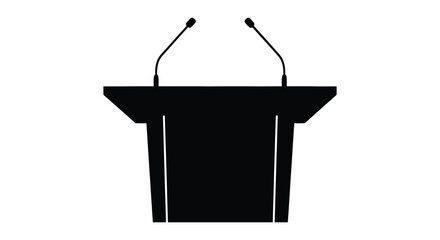 A stark black silhouette of a podium with two microphones stands prominently against a bright white background silhouette high quality © Pvect02