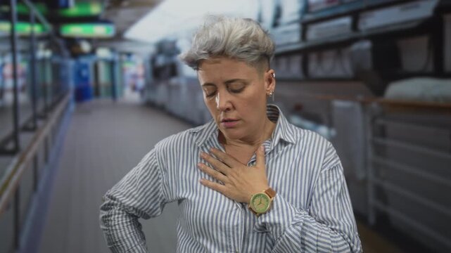 Woman standing clutching chest in corridor of cruise ship amid metal railings; anxiety heartattack pain.