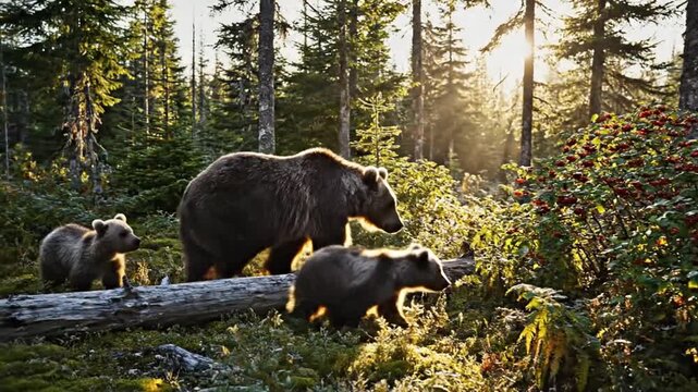 Brown bears foraging in a sunlit forest environment wildlife scene