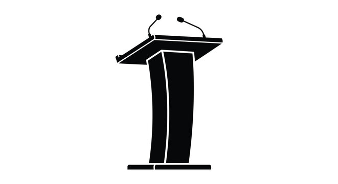 A stark black silhouette of a wooden podium with two microphones positioned for a speaker conveying authority and presentation