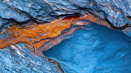 Naklejka premium Close up of rugged stone texture with vibrant orange and blue hues, showcasing natural beauty and intricate patterns