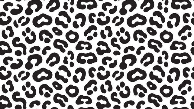 Monochrome black and white graphic pattern featuring abstract, repeating, stylized leopard spots creates a bold, continuous surface texture background for textiles.