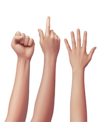 Realistic human hand set gestures including clenched fist pointing finger and open palm isolated background High quality anatomical detail communication concepts