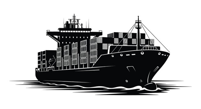 A detailed black and white illustration showcases a large container ship navigating calm waters presented as a striking silhouette high quality professional