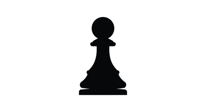 A stark black silhouette of a classic chess pawn stands prominently against a clean white background representing strategy and gameplay silhouette