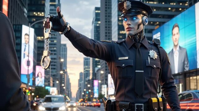 Futuristic robot police officer holding handcuffs in a modern city. Cyborg cop with glowing blue eyes enforcing the law. Artificial intelligence and future security concept