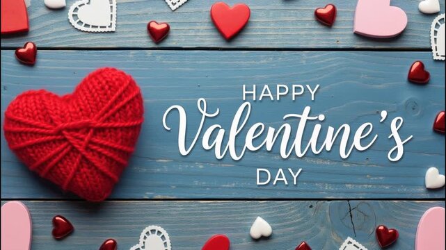 Happy Valentine's Day greeting on rustic blue vintage wood background. Red yarn heart and pink decorations in flat lay style