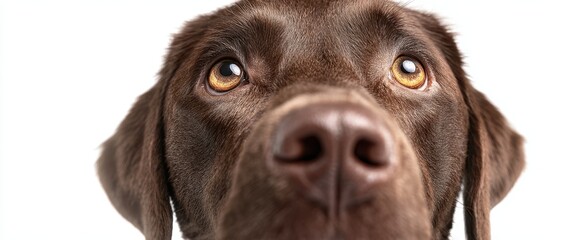 The Chocolate Labrador Close-Up Nose and Expressive Amber Eyes on White Background