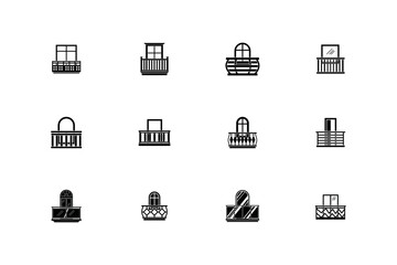 Naklejka premium Apartment Balcony and Terrace Railing Silhouette Vector Icon Set