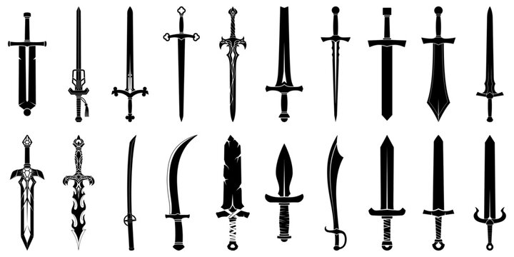 Medieval Sword and Fantasy Blade Silhouette Vector Icon Set
