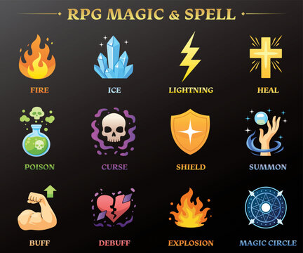 RPG Magic and Spell Icons Set - Fantasy Runes and Mage Symbols