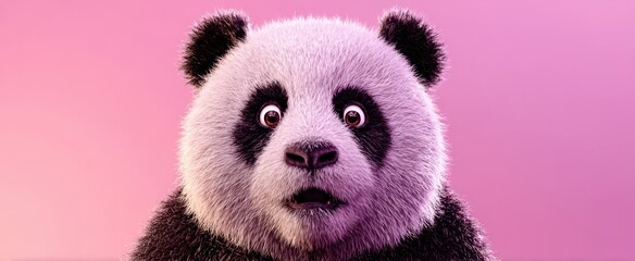 The Panda With Wide Eyes and Surprised Expression on a Soft Pink Gradient Background