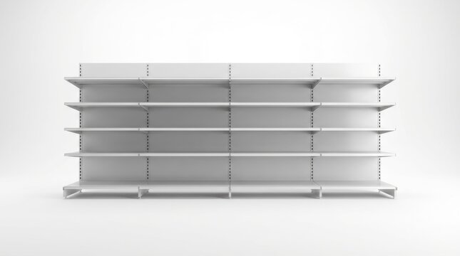 Multiple empty white retail display shelves arranged in a clean store environment against a bright white background