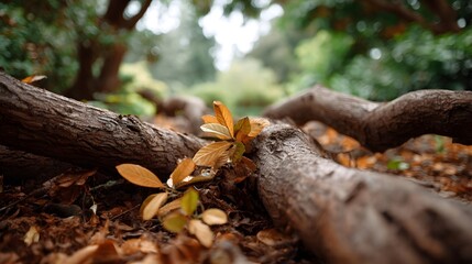 Fallen tree branches with new growth on an earthy forest floor