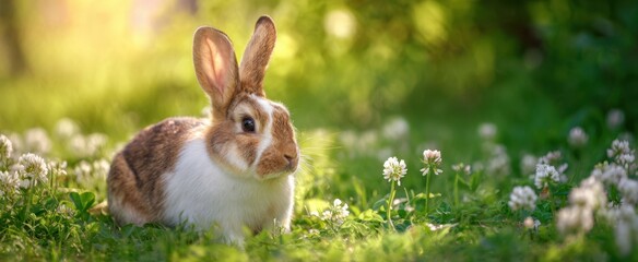 The Rabbit Relaxing in Sunny Meadow Surrounded by White Clover and Green Grass