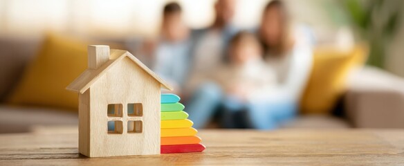 The House Model with Colorful Energy Efficiency Rating Bars and Family