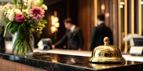 The Reception Bell on a Polished Hotel Check In Desk with Flower Arrangement