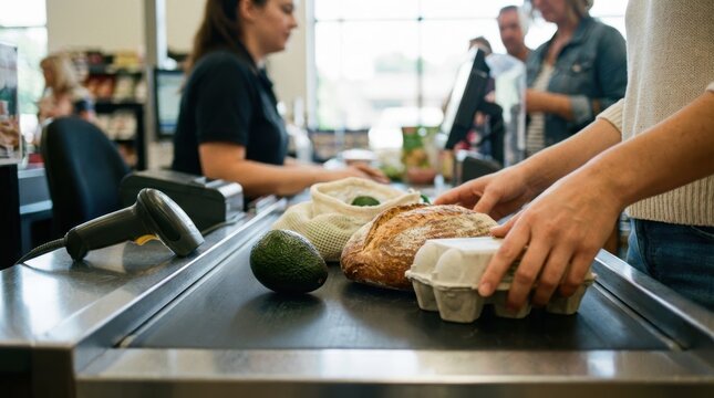 Close up of a customer's hands loading an avocado bread and an egg carton onto a supermarket conveyor belt at checkout
