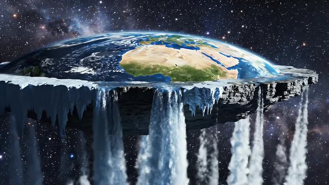 Flat Earth Fantasy Illustration - This surreal illustration depicts an imaginative flat Earth with water cascading off its edges like waterfalls, supported by a rocky underside.
