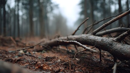 Fallen tree branches lie on the damp forest floor creating a moody atmospheric scene with fog in the background