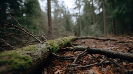 A moss covered fallen tree trunk lies horizontally on the forest floor surrounded by natural debris