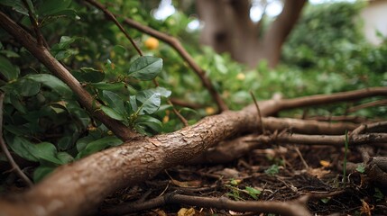 Fototapeta premium Fallen tree branches leaves and roots scattered on the ground in a natural garden setting with hints of yellow fruit