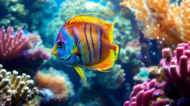 Vibrant tropical fish with coral reef