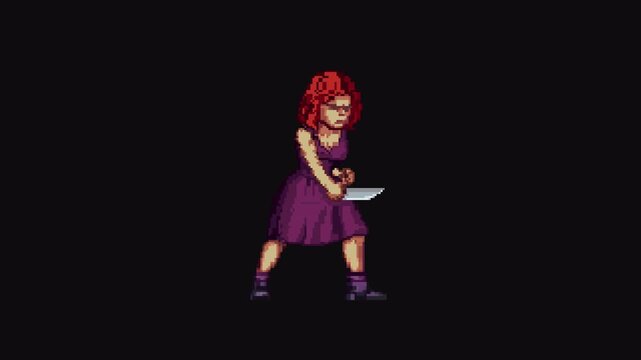 Lady Knife Single Stab Attack Animation 8bit Pixel Art Character with Transparent Background