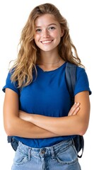 Obraz premium High-resolution headshot of a radiant woman with layered wavy hair, ideal for lifestyle, beauty, and apparel branding.