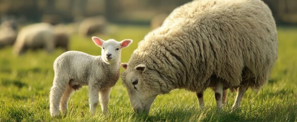 The Sheep and Lamb Grazing Peacefully in a Sunlit Green Meadow at Dawn