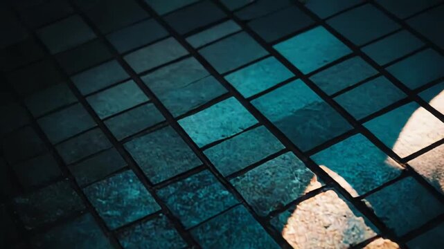 Rectangular cobblestone pavement bathed in warm sunlight, casting dramatic shadows and cool blue gold tones across the textured pathway for a striking urban architectural detail