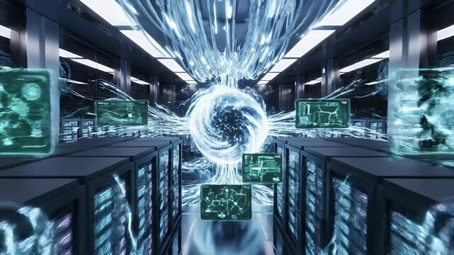 Futuristic Data Center with Glowing Servers - This video showcases a futuristic data center with rows of glowing servers and floating monitor screens displaying network diagrams.