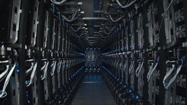 Futuristic server room with blue lights and cable management.