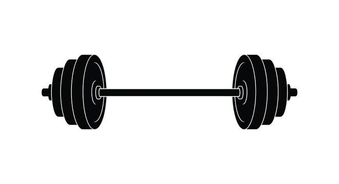 A stark black barbell is displayed against a white background showcasing its symmetrical design and athletic purpose silhouette high quality