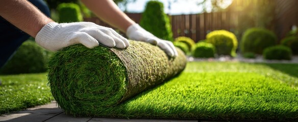 The Roll of Turf Being Laid in a Sunlit Backyard Garden
