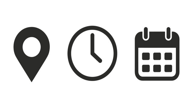 Location pin icon, clock symbol, calendar icon, set of navigation time and date icons, dark grey graphic design vector