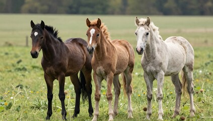 Fototapeta premium Three young horses stand in a grassy field on a cloudy day