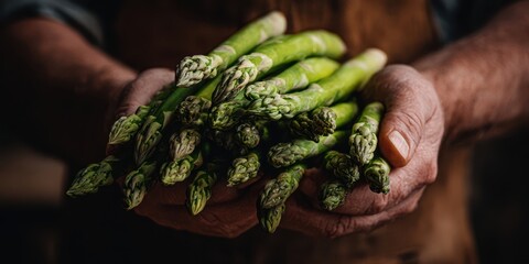 The Asparagus Bunch Held in Weathered Hands Over Rustic Dark Wooden Background
