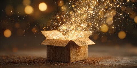 The Box of Golden Sparkles and Glowing Bokeh Lights Releasing Magical Festive Surprise
